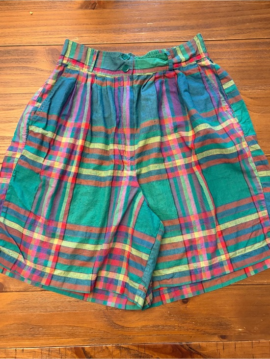 Tutti Frutti Pants - Vintage 80s Tutti Frutti Madras Plaid High Waist Pleated Bermuda Shorts M